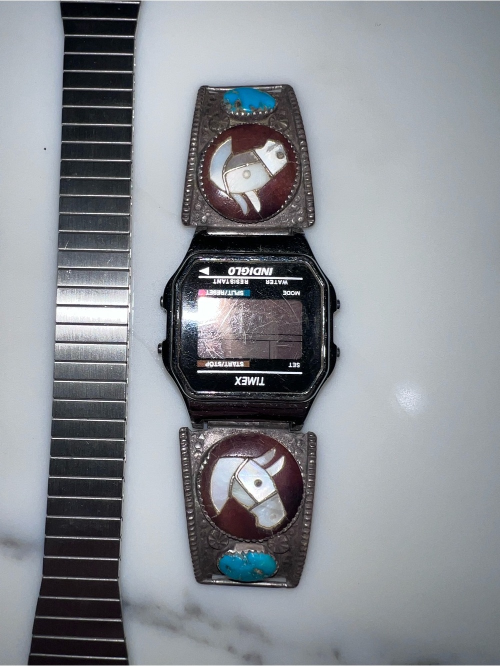 Zuni Native American watch tips with Timex watch